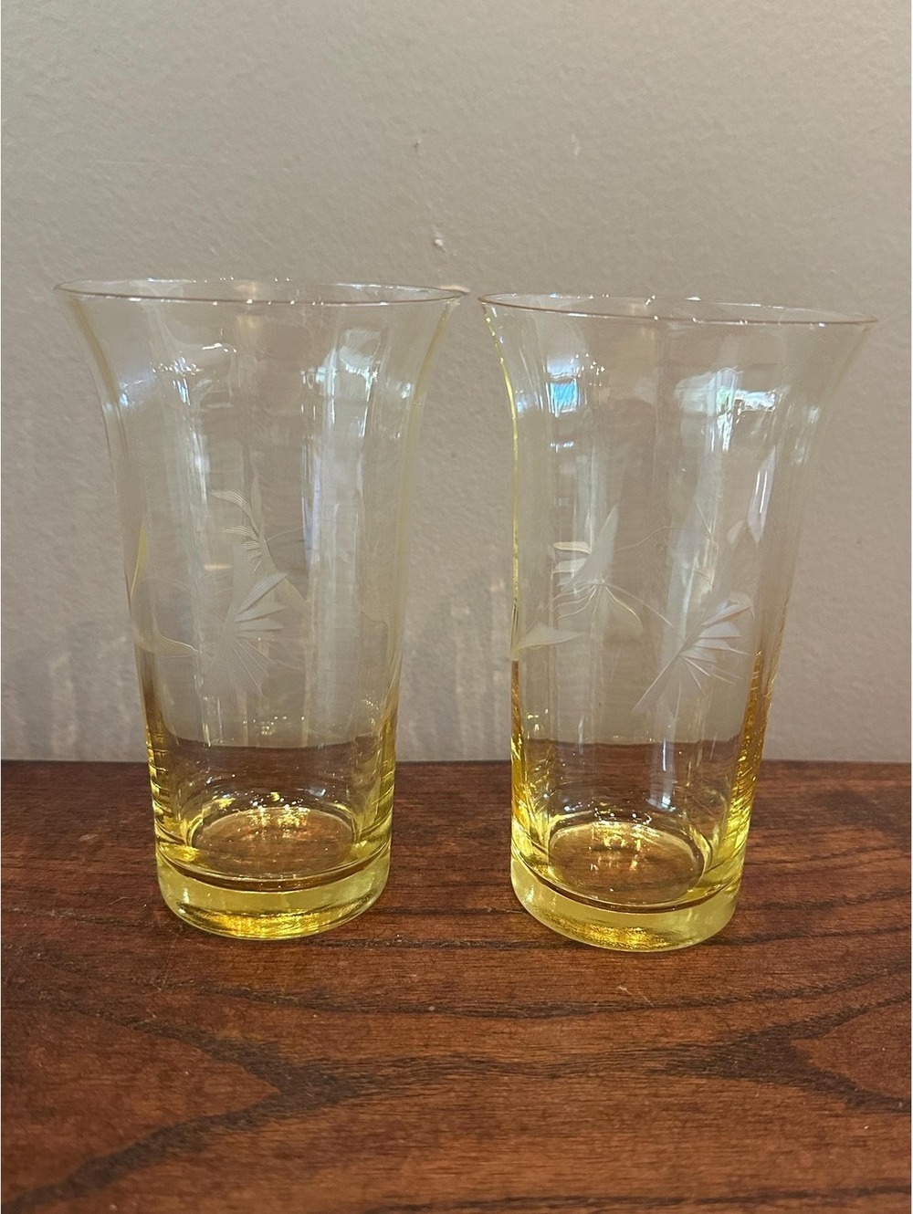 Vintage Yellow Depression Glass Paneled Etched Flower Tumbler Glass Set of 2